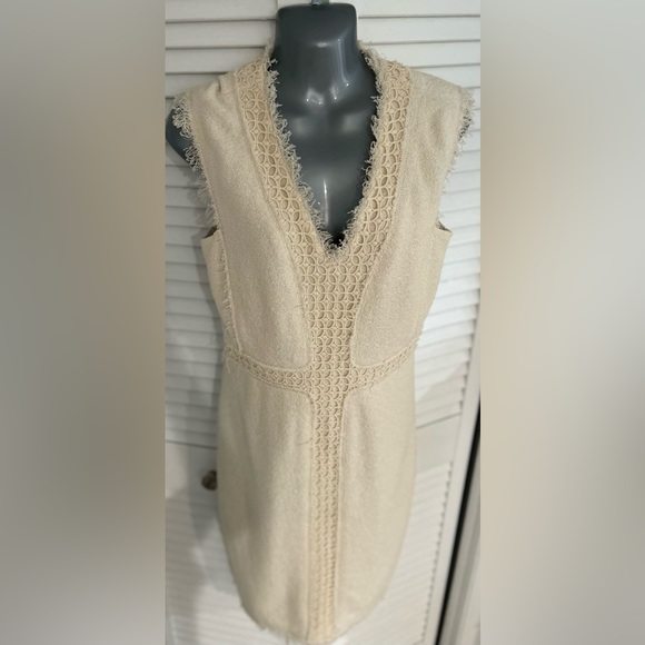 Rebecca Taylor Cream Stretch Tweed and Lace fringed hem dress size 6 - Picture 3 of 10